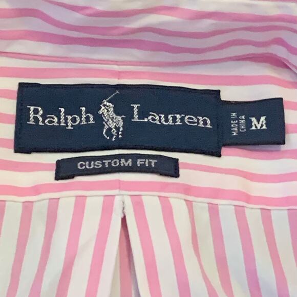 Ralph Lauren Mens Custom Fit Shirt Medium Pink White Striped Button Down Preppy - Picture 2 of 15
